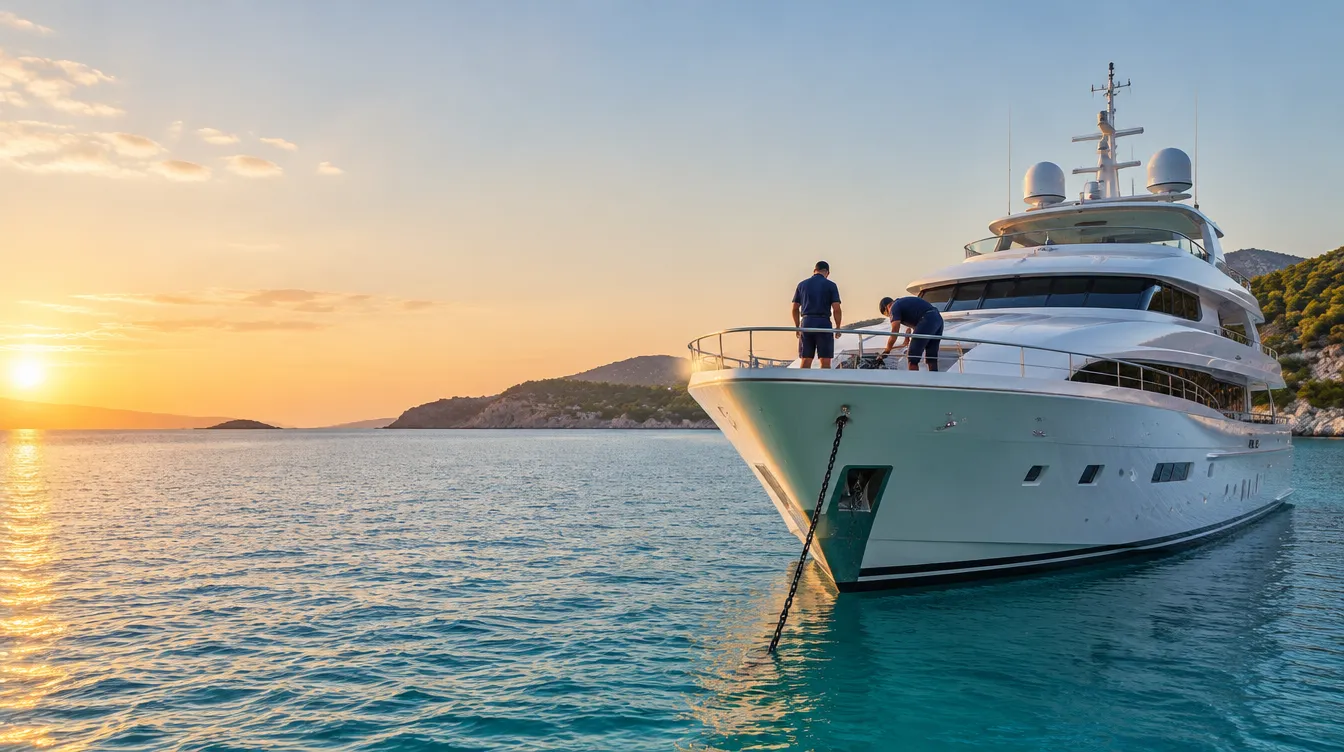 A yacht anchored at dusk