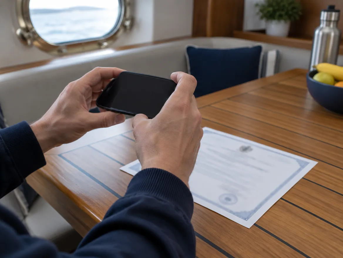 A crew member using a phone to photograph a certificate for renewal